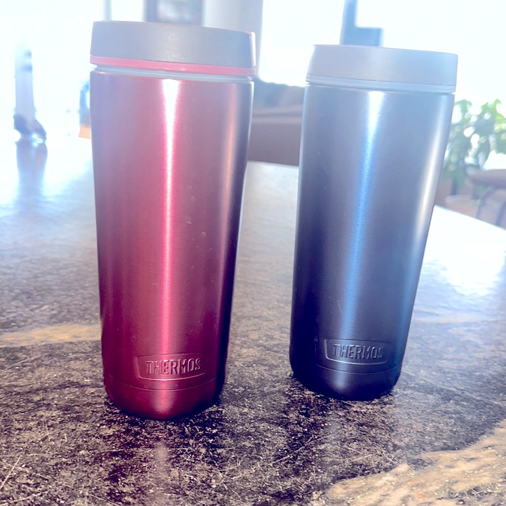 16 ounce pink and blue thermos, hot or cold insulated tumblers.